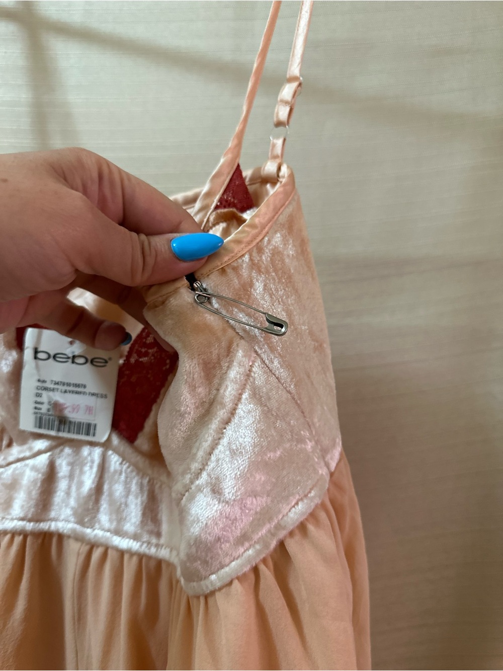 Vintage Y2K Bebe Peach Silk Babydoll Layered Dress Velvet Fairy Asymmetrical - Picture 4 of 11